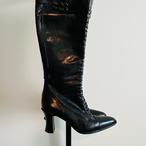 Vintage Victorian Style Via Spiga Black Genuine Patent Leather Laced Tall Boots - Picture 1 of 15